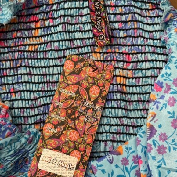 Me 2 Magic Antropologie Blue Floral Maxi Dress Puff Sleeve Smocked Boho Size M - Picture 5 of 5